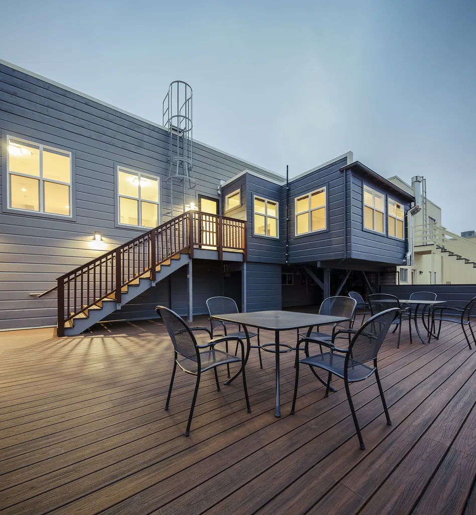 Two-level deck with stairs at dusk