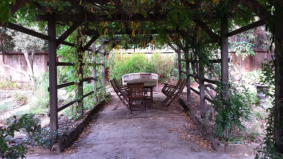 Wood pergola with a dining table underneath, surrounded by plants